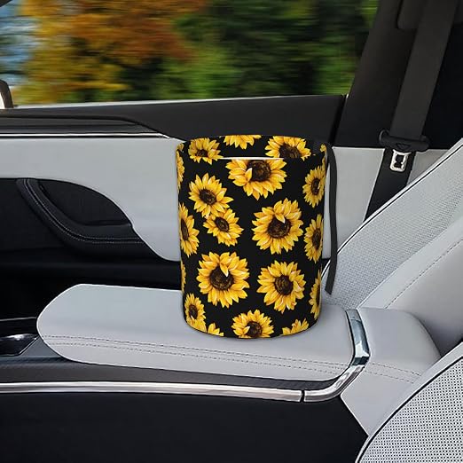 Car Garbage Bag Abstract Yellow Sunflower Mini Car Trash Bin Portable Collapsible Waterproof Rubbish Bag for Car Accessories Back Front Seat Cup Holder