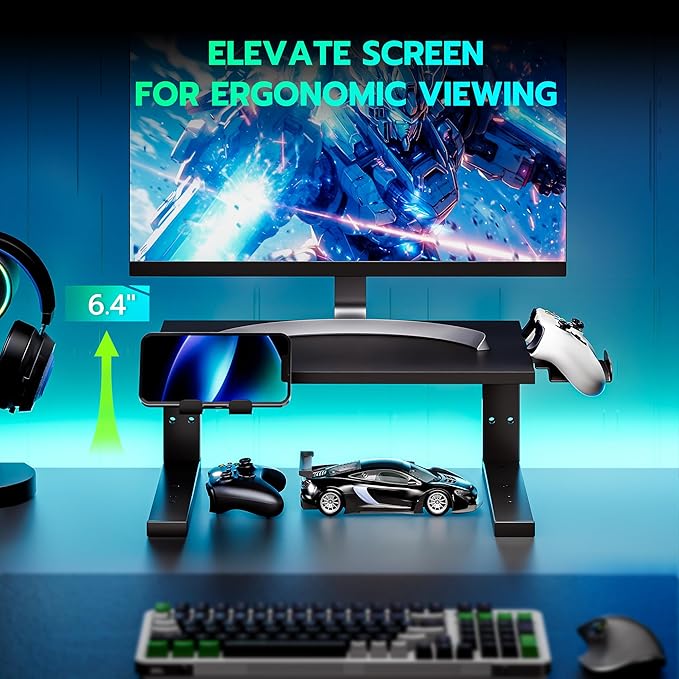 ARES WING Desk Shelf Extender, 15 inches 3 in 1 Clamp on Desk Shelf with Phone & Headset Holders, Heavy Duty Desktop Organizer for Gaming and Office Accessories, Black