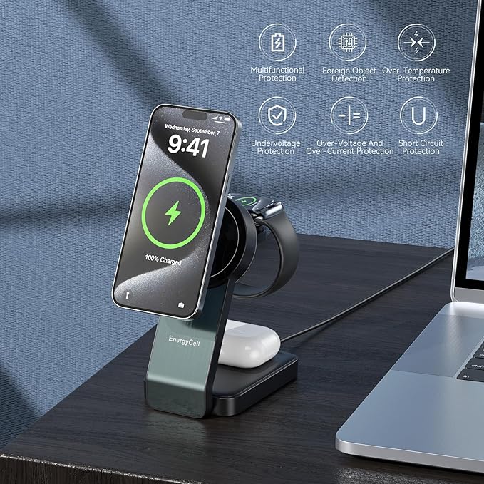 2026 3 in 1 Wireless Charging Station for Apple MagSafe Charger, Q2 15W Fast Magnetic Mag-Safe Charger Stand for iPhone 17 16 15 14 13 12 Apple Watch AirPods Series (30W USB-C Charger Included)