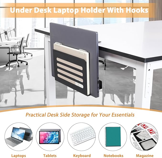 Space Saving Desk Side Storage No Drilling Under Desk Laptop Holder with Headphone Holder Cable Management Tray Carbon Steel Clamp Desk Storage Shelf Anti-Slip Magazine Holder for Home Office