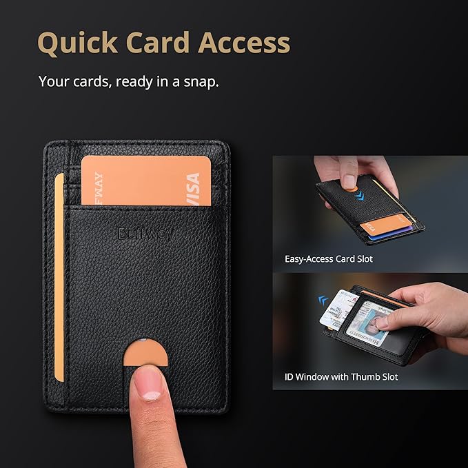 Buffway Slim Minimalist Front Pocket RFID Blocking Leather Wallets for Men and Women - Lichee Black