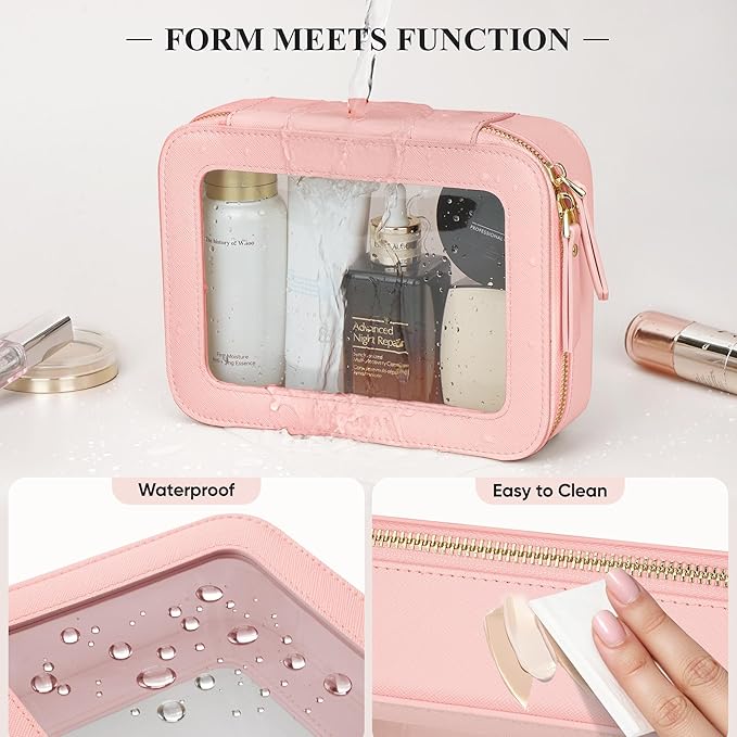 Clear Makeup Bag, Travel Toiletry Bag Cosmetic Case for Women, Waterproof Portable Make Up Skincare Pouch with Zipper, Compact Car Organizer Bag for Essentials, Medium Size, Pink