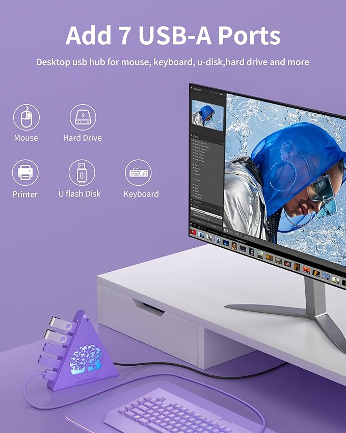 7-Port USB 3.0 Hub, Deep Purple Vertical USB Expander with Tree RGB Lighting, 5Gbps Data Transfer, 2FT Cable, Compatible with Laptop, Desktop, PS5, Xbox, Printer, Flash Drive, HDD