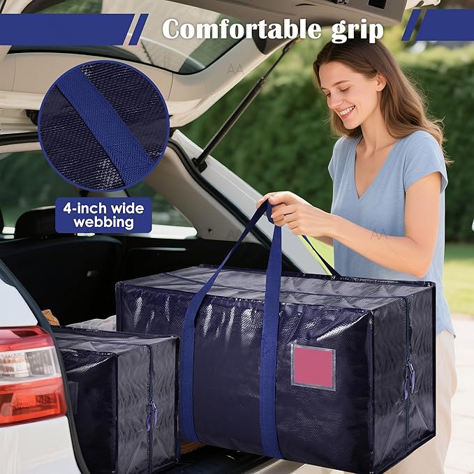 6 Pack Moving Bags Heavy Duty 210GSM with Full-Open Side Zipper, 93L 65lbs Waterproof Foldable Storage Totes for College Dorm Move-In, Moving Boxes Alternative & Home Organization, Blue