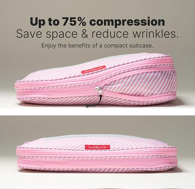 LeanTravel Premium Compression Packing Cubes for Travel - Suitcase Organizer Bags with Double Zipper & Breathable Mesh Panel - Space Saving Carry On Luggage Essentials (6-Pack, Pink Stripes)