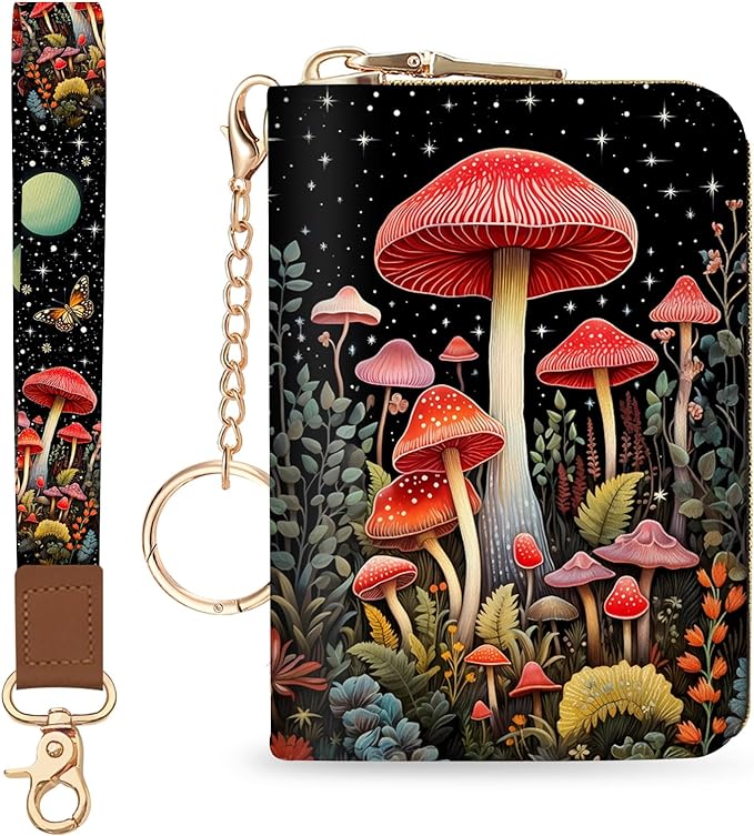 Blusabaca Credit Card Holder for Women, Mushroom Small RFID Blocking Wallet with Wristlet Strap, Keychain Zipper Wallet, Leather Card Case, Card Wallet Purse with Key Lanyard