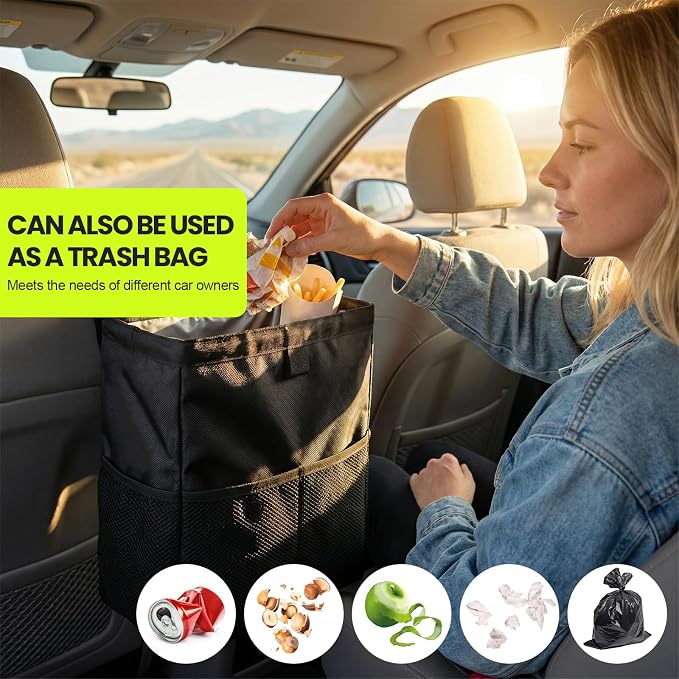 Car Trash Bag, Large Capacity Hanging Auto Trash Can Collapsible Portable Organizer with Storage Pocket, Waterproof Leakproof Oxford Cloth Garbage Bag for Cars Trucks SUVs