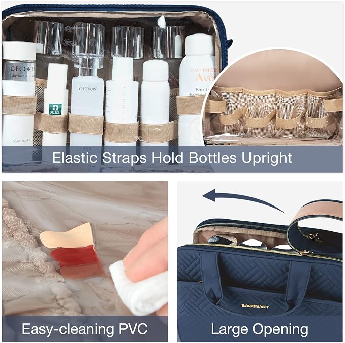 BAGSMART Toiletry Bag for Women, Large Toiletry Bag Water-resistant Makeup Cosmetic Organizer Bag for Accessories, Shampoo, Full Sized Container, Toiletries (Medium, Navy Blue)