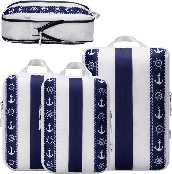 Compression Packing Cubes 3pc Set for Carry On Suitcase & Backpack, Organizer Bags for Kids & Adults, Packing Cubes for Travel 3pc Set - Cabana Stripe Navy