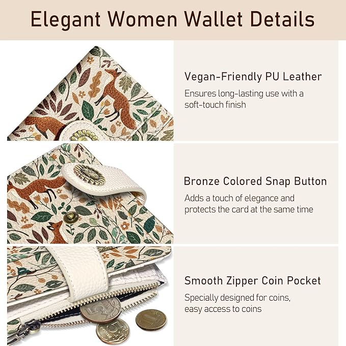 Kelvoris Cute Fox Leaves Small Rfid Women Wallet Bifold Zipper Coin Pocket PU Leather Compact Cash Credit Card Holder Travel Wallet for Female Ladies Teen Girls 1 ID Window 10 Card Slots