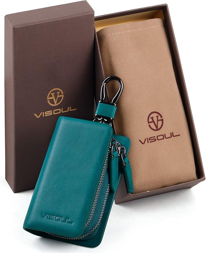 VISOUL Car Key Case Holder Double Zipper, Leather Car Smart Key Fob Case with Keychain for Men and Women
