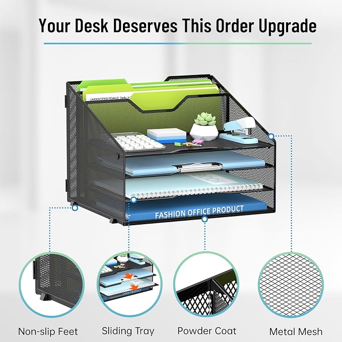 SUPEASY Desk File Organizer, Mesh Paper Tray Organizer with 4 Letter Trays and 2 Vertical File Holders, Desk Organizers and Accessories for Home Office, Black