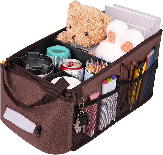 HEYSKAY Car Seat Organizer-Passenger Seat Organizer, Collapsible Small Car Seat Organizer for Console Front/Back, Car Caddy Organizer with 4pc Drink Holders Automotive Backseat Organizer for Kids
