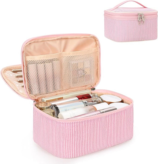 Relavel Large Makeup Bag, Portable Pink Cosmetic Bag for Girls, Dual-layer Makeup Pouch with Brush Holder, Multi-Functional Preppy Toiletry Organizer for Travel, Daily Use - Pink Strip