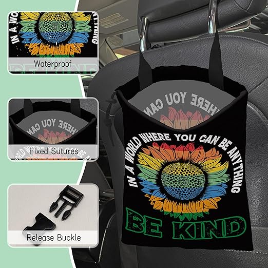 Peace Car Trash Bag,Be Kind Hanging Drawstring Car Garbage Bag,Waterproof Canvas Car Back Seat Organizer with Adjustable Buckle,for Vehicles,SUVs,Camping,Road Trips