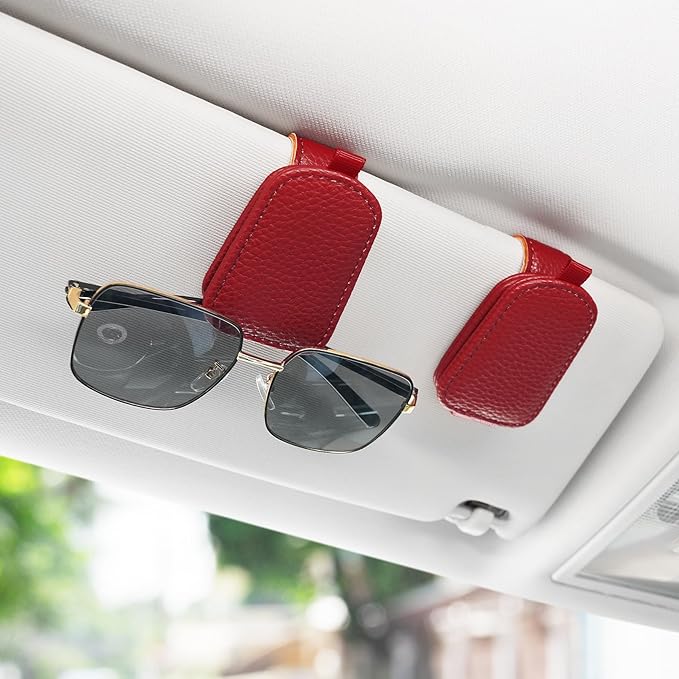 SINGARO Sunglasses Holder for Car, Leather Magnetic Buckle Sun Visor Sunglass Clip, Ticket Card Storage Glasses Clip, Car Interior Accessories for Men and Women（2PCS Red）