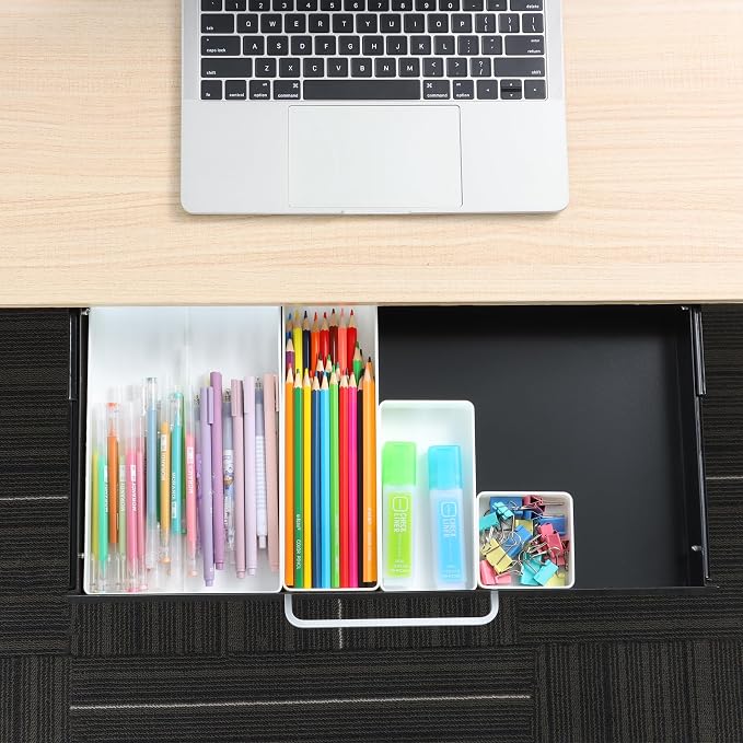 Under Desk Drawer Black 21" with 4 Divider Trays, Under Shelf Pencil Drawer Pull-out, Standing Desk Metal Storage Attachment Slide Out for Workbench