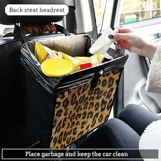 Brown Leopard Cheetah Print Car Trash Can Foldable Hanging Car Trash Bag Bin Golden Glitter Animal Skin Auto Garbage Can Leak-Proof Car Organizer(Large)