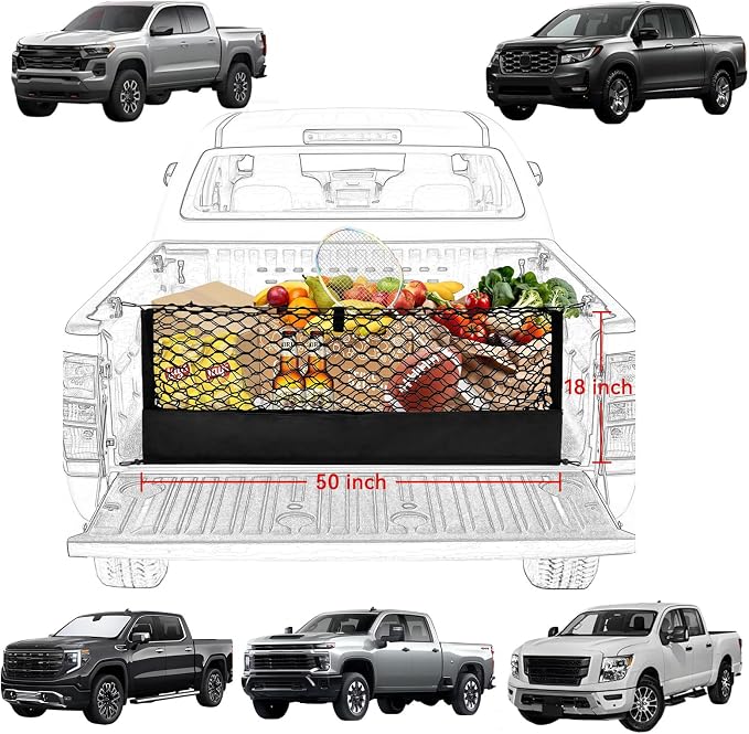 Envelope Truck Bed Cargo Net for Pickup & SUV Universal Compatible with Ford F150 & Maverick, Toyota Tacoma, Chevy Silverado, GMC Sierra Accessories Mesh Storage Tailgate Net with Metal Hooks 50 x 18