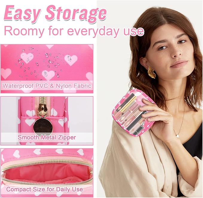Mini Clear Travel Makeup Organizer Bag for Purse, Samll Cute Preppy Pink Makeup Bag Cosmetic Zipper Pouch Purse, Transparent PVC & Nylon Waterproof Toiletry Storage Clutch for Women Girls(Pink Heart)
