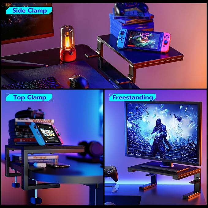 ARES WING Clamp-On Desk Extender & Monitor Shelf – 15" x 9.8" Space Booster, Freestanding or Clamp Mount, Holds 44 lbs, No Drill Desktop Organizer for Office/Gaming, Black