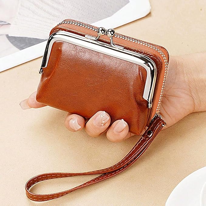 2 in 1 Credit Wallet, Purse Wallets for Women, Ladies Coin Pouch With Card Slot, Women's Vintage Change Holder with Kiss Lock and Zipper Lanyard (PU Brown, Small)