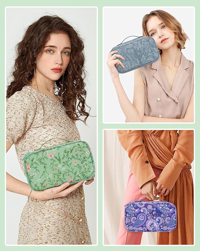 Relavel Small Makeup Bag, Travel Floral Cosmetic Bag with Makeup Brush Compartment, Portable Makeup Pouch for Women, Double Layer Makeup Organizer Bag Cute Toiletry Bag, Green Floral