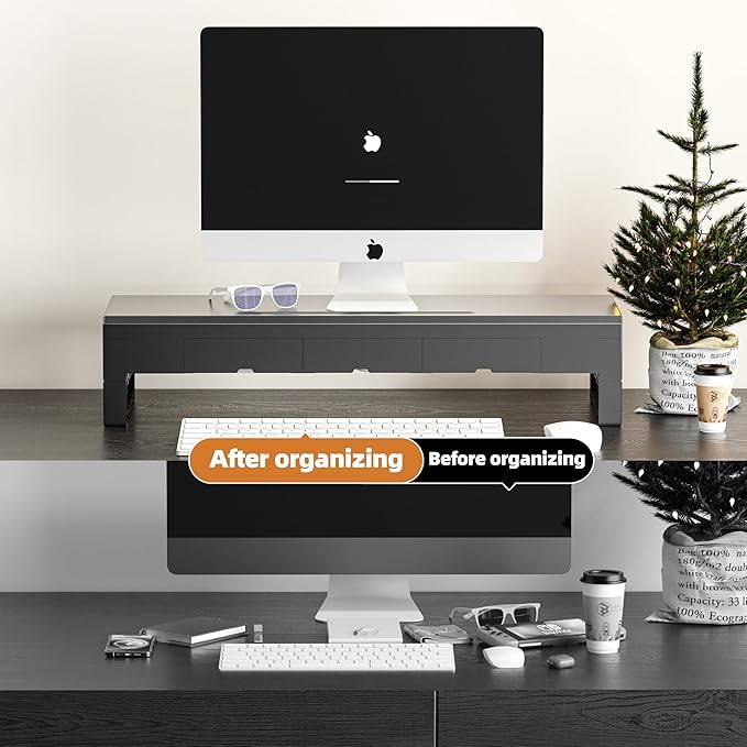 Computer monitor stand with 3 drawer ，Laptop Desk Shelf & Monitor Riserï¼?27.55 inches long desk riser ，Heavy Duty Gift Gaming Studio Offic (Basic Version, 700mm Drawer)