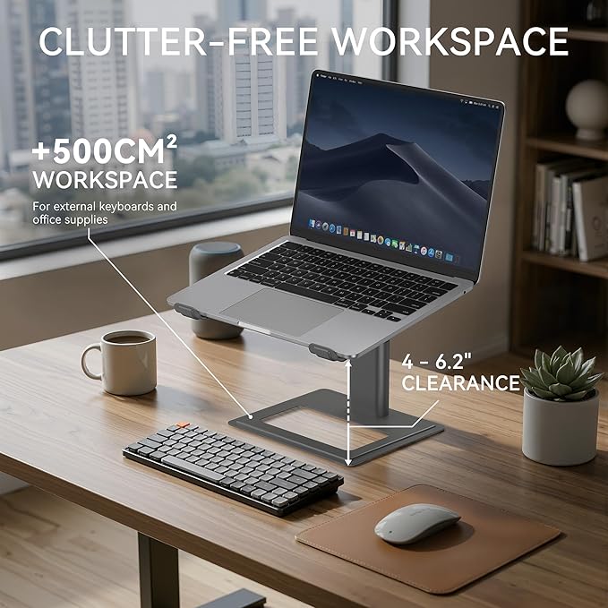 SOUNDANCE Adjustable Laptop Stand, Ergonomic Aluminum Riser for 10-17.3” Notebooks, Ventilated Metal Holder with Height Alignment for Desk Workspace, Grey