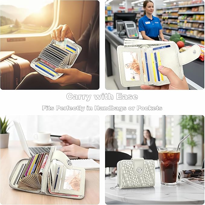 Credit Card Wallets for Women, Leather Cardholder with Zipper Around, Small Rfid Ladies Wallet, Accordion Compact Bifold Purse for Travel, 19 Card Slots, ID Window, Cash Organizer - White
