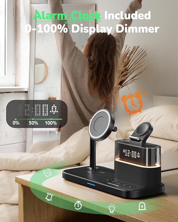 5 in 1 Wireless Charging Station for Apple,Mag-Safe Charger with Alarm Clock Night Light for Multiple Devices,Nightstand Charging Station for iPhone 17/16/15/14/13/12,Apple Watch Series,Air-Pods