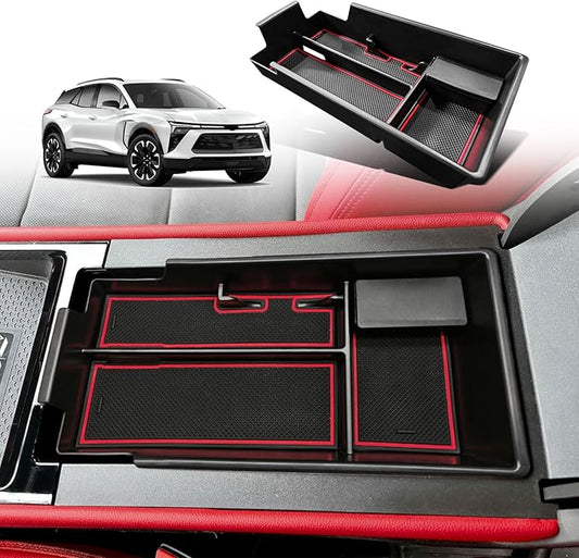 BestEvMod Center Console Organizer Tray Compatible with Chevy Blazer EV 2026 2025 2024 2023 Interior Accessories Armrest Storage Box ABS Material with PVC Trim & Removable Coin Holder (Red)