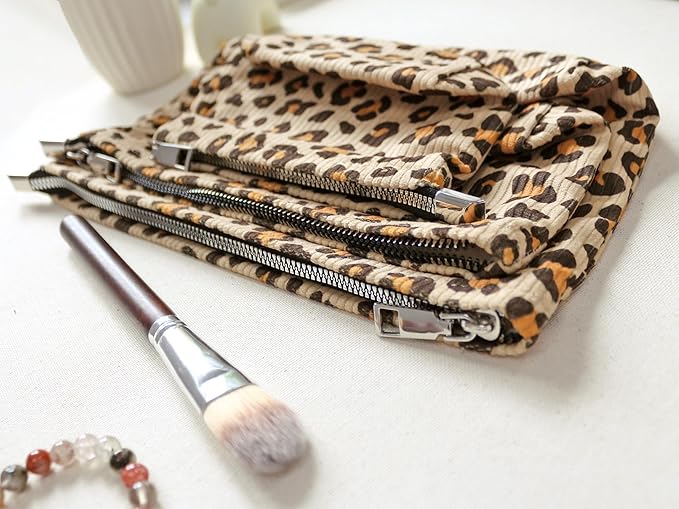 HAPPYHEIDI Cheetah Corduroy Makeup Bag Set 3 Cosmetic Toiletry Travel Pouch Purse Organizer, 3-Size, Vintage Brown Leopard