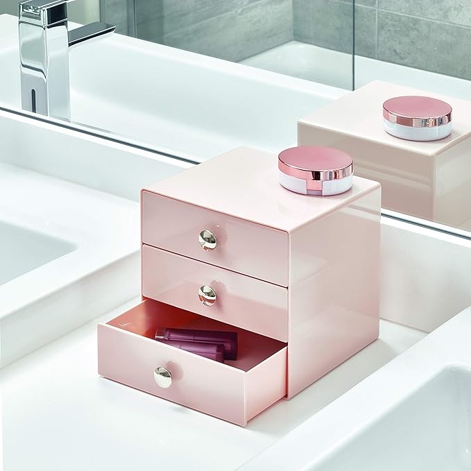 iDesign Plastic 3-Drawer Jewelry Box, Compact Storage Organization Drawers Set for Cosmetics, Dental Supplies, Hair Care, Bathroom, Office, Dorm, Desk, Countertop, 6.5" x 6.5" x 6.5", Pink