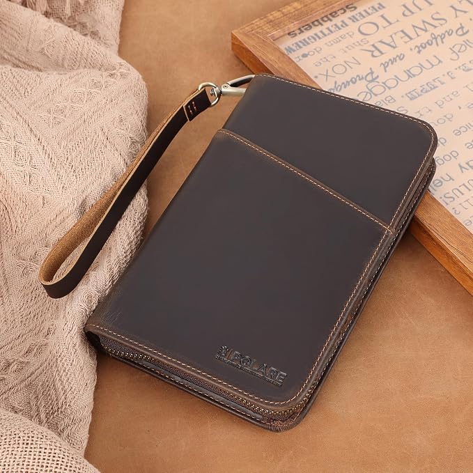 Polare Full Grain Leather Travel Passport Holder RFID Blocking Cover Case Travel Document Organizer Wallet Holders 2 Passports With YKK Zipper (Dark Brown with AirTag Slot)