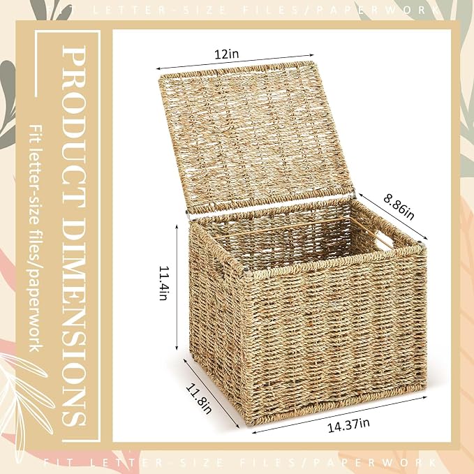 Marspark Seagrass File Box Organizers Decorative File Baskets for Hanging Folders Filing Cabinet with Lid Collapsible Letter Size Document Storage Box for Home Office Decor, Natural