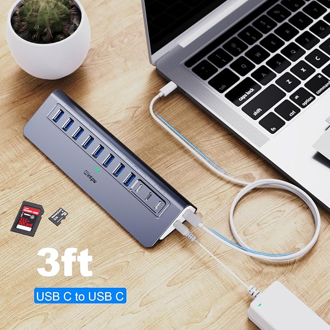 Powered USB Hub 10Gbps, Intpw YH9AC Plus 13 Port USB 3.2 Hub(USB A/USB C 3.2+6 USB-A 3.0+2 PD 45W Fast Charging Port+SD/TF Card Reader), 65W Power Adapter,Aluminum USB HUB for PC,Laptop,iPhone 17/16