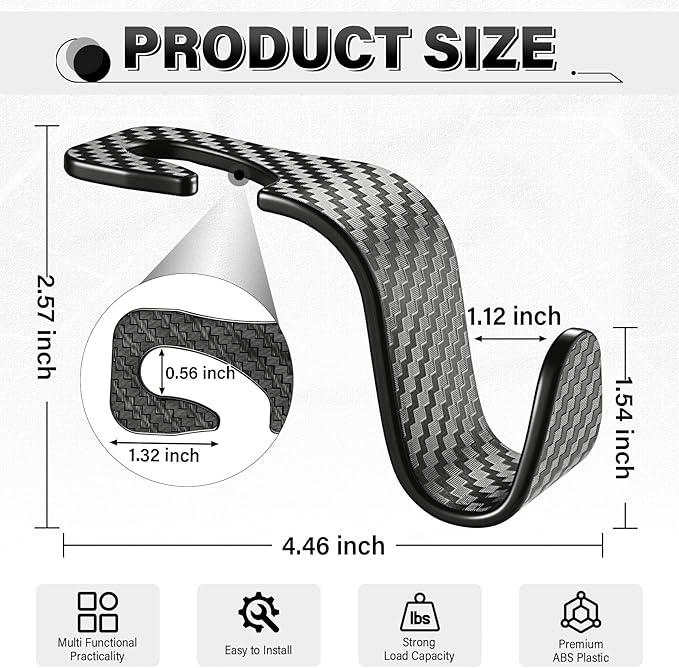 SINGARO Universal 4 Pack Car Seat Headrest Purse Hook, Carbon Fiber Back Seat Hook Storage Organizer Hanger for Purse Handbag Coat, Car Interior Accessories(Black)