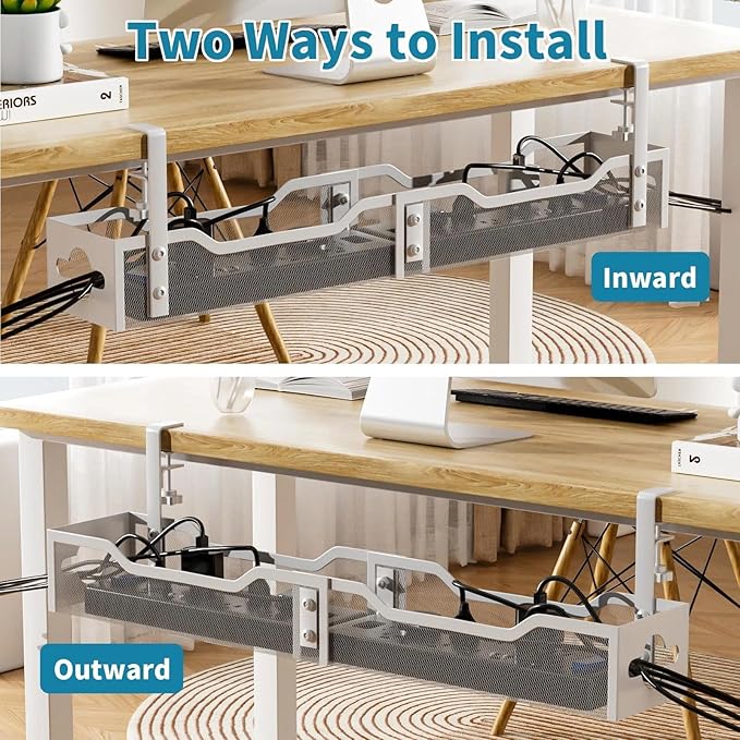 Under Desk Cable Management Tray 32'', Cable Management Under Desk No Drill, Cable Organizer with Clamp for Wire Management, Cord Organizer for Office, Home - No Damage to Table (White)