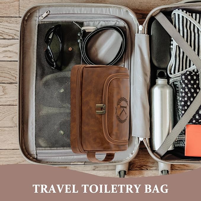 Personalized Mens Toiletry Travel Bag Groomsmen Gifts Best Man Proposal Gifts Bachelor Party Favor, Waterproof PU Leather Shaving Bag for Toiletries Accessories Travel Essential, Light Brown B
