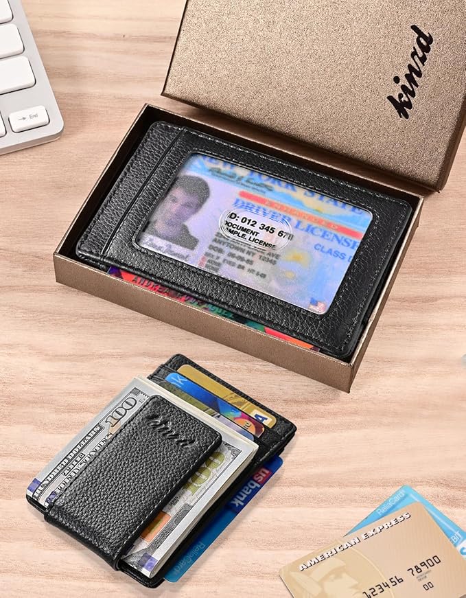 kinzd Slim Money Clip Wallet for Men Genuine Leather Front Pocket RFID Blocking Wallet, Minimalist Card Holder with 4 Strong Magnets Hold 30 Bills | RFID Blocking, Strong Magnet, thin