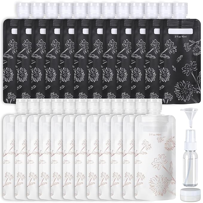 PACKISM 27 Pack Travel Pouches for Toiletries - 3 oz Leak Proof TSA Approved Liquid Containers, Squeeze Bags for Shampoo Lotion, Space Saving Refillable Carriers, Black Beige Chamomile