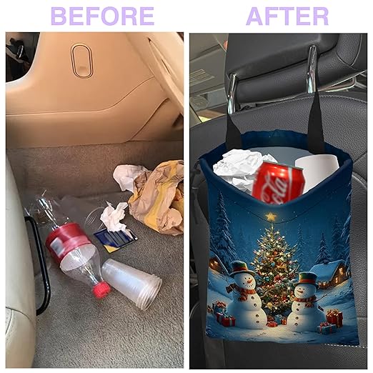 Car Trash Bag Hanging Merry Xmas Car Trash Can for Back Seat Waterproof Car Trash Bin with Adjustable Straps and Drawstring for Car Accessories Vehicle Travelling Camping