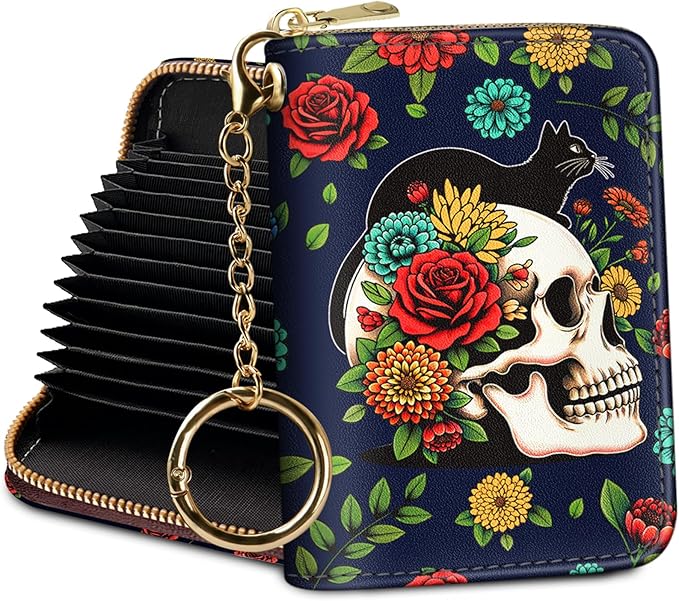 Credit Card Holder RFID Wallet, Small Card Holder Wallet for Women with Keychain Zipper, Funny Leather Print Credit Card Wallets Accordion Gift