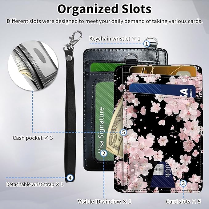 Slim Minimalist Front Pocket Wallet,Credit Card Holder Wallet for Women Men,RFID Blocking Credit Card Holder Case Leather Cute Small Thin Wallet ID Window&Wrist Strap,Pink Flower Black