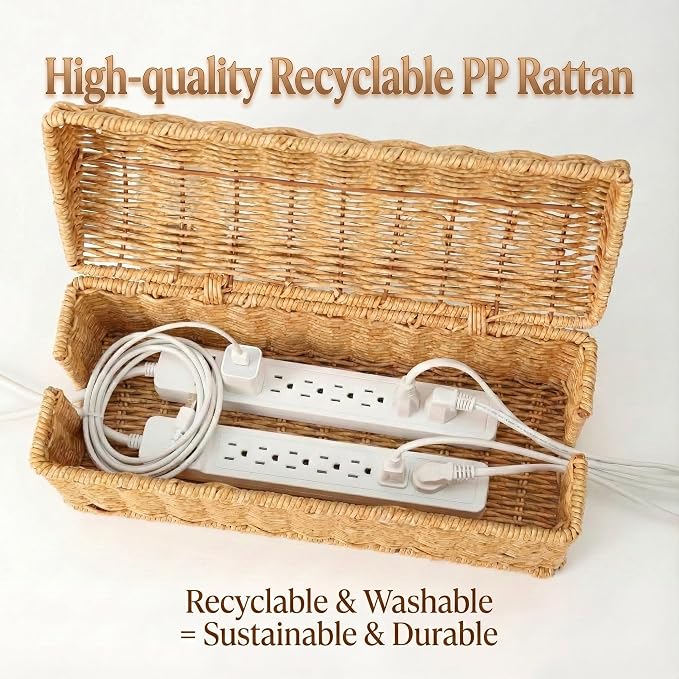 Cable Management Box, Handwoven Rattan Cable Organizer, Cord Organizer Box to Hide Cords & Power Strip, Boho Wire Hider Basket for Home Office, Dome Cover, Natural