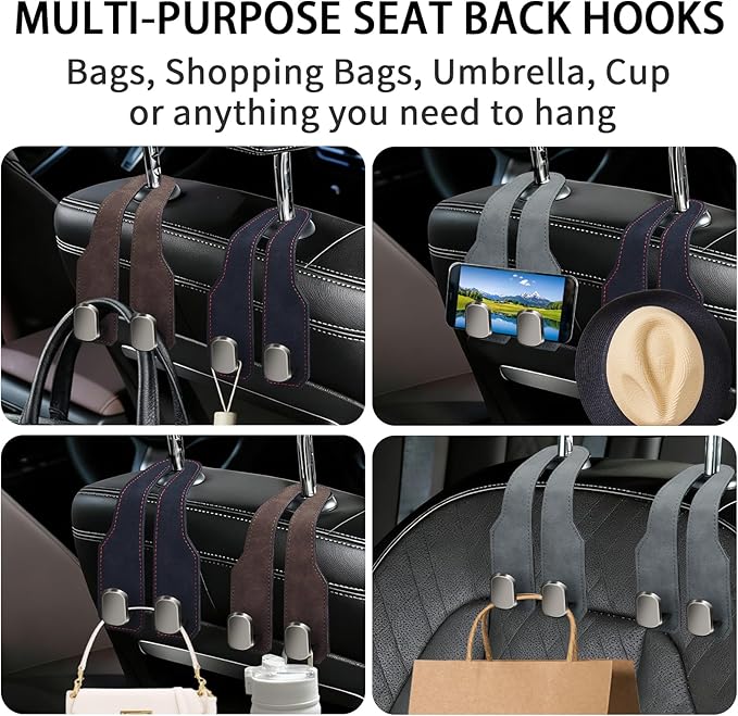 2 Pack Car Seat Headrest Hooks for Purses and Bags, Car Purse Holder With Double Metal Hooks, Headrest Back Seat Handbags Hook, Universal Car Purse Hanger, Cute Car Hanging Accessories, Brown
