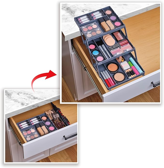 Ontel Smart Drawer Organizer - Multi-level Jewelry Holder, Cosmetics Organizer, or Office Drawer Organizer with Adjustable Dividers for Organization and Storage, Fits Drawers 9.5"W x 7.5"L x 2.75"D