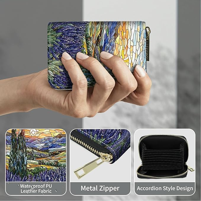 Cute Credit Card Holder with Zipper, Stained Glass Lavender RFID-Blocking Card Case Small Wallet for Women Men, Multi-slot Card Organizer Case Travel Accordion Wallet