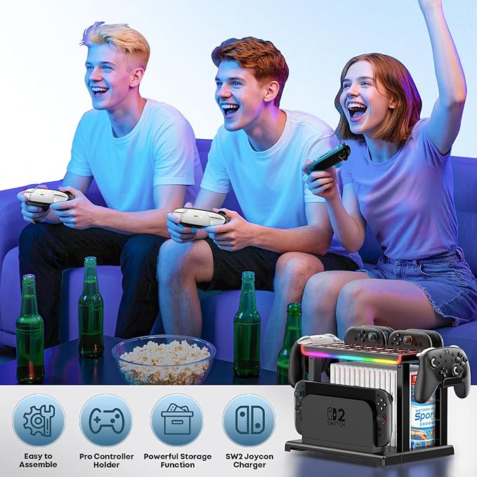 Switch 2 RGB Organizer Station with Controller Charging Dock, Switch 2 Storage Stand, Joycon 2 Charger, Gaming Accessories Holds TV Dock, 16 Game Cases, 16 Game Cards and 2 Pro Controllers